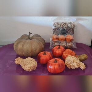 Autumn Decorative Set - Orange Brown Pumpkins Gourds Dried Floral